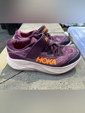 Hoka Kids' Burgundy and Orange Hook-and-Loop Running Sneakers